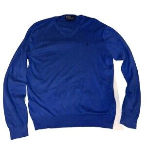 Polo Ralph Lauren Mens V Neck 100% Pima Cotton Sweater Blue Size Large